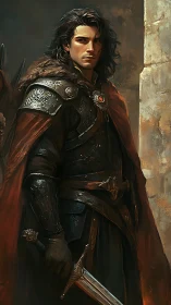 Long haired armored warrior stands holding a sword