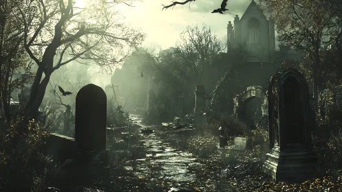 Foggy gothic graveyard path shrouded in eerie green light