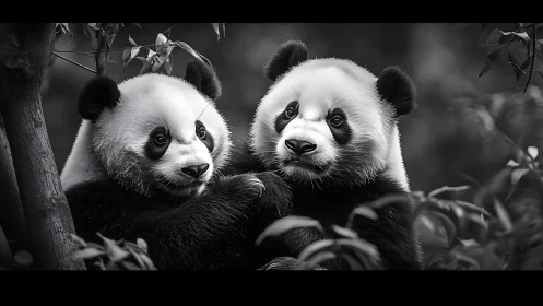 Black and white portrait of two giant pandas in foliage.