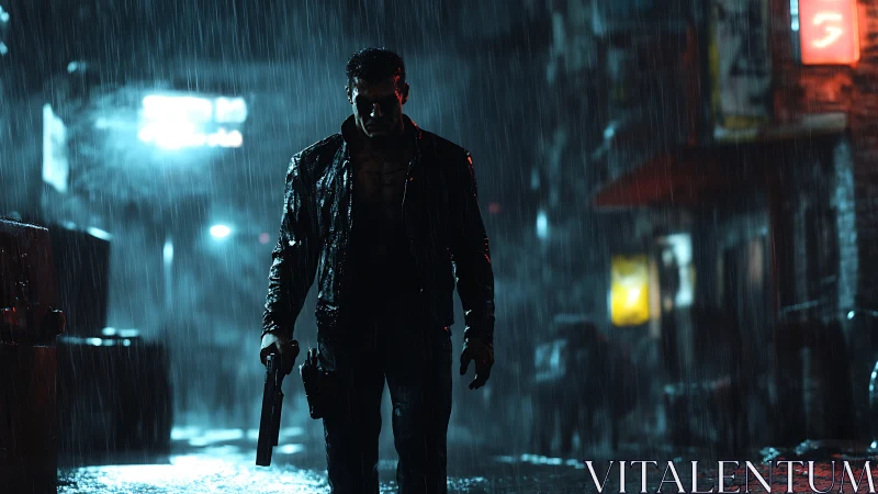Rain-soaked vigilante walks through a neon lit midnight alley