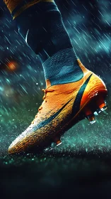 Dynamic orange football boot under cinematic rain lighting.