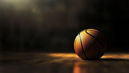 Lone basketball under dramatic spotlight on wooden court.