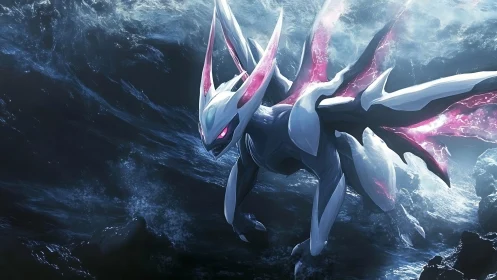 Bioluminescent aquatic creature in turbulent ocean depths.