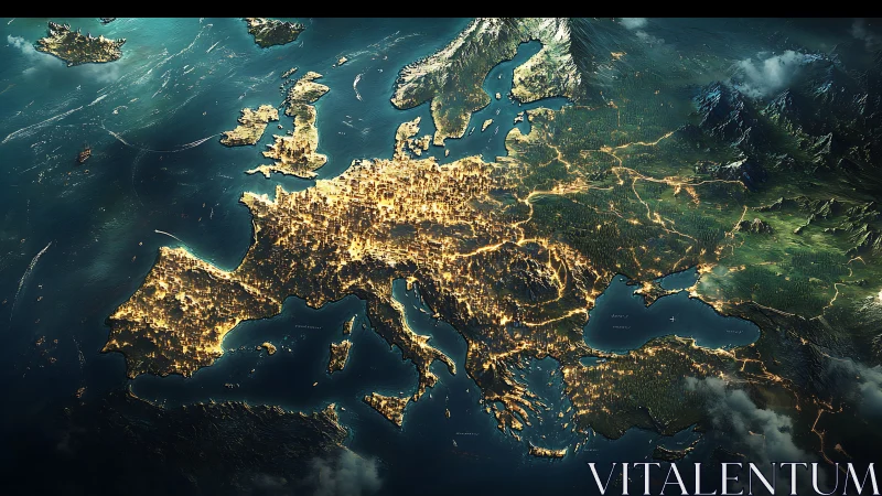 Glowing night map of Europe celebrates cities, coasts and light