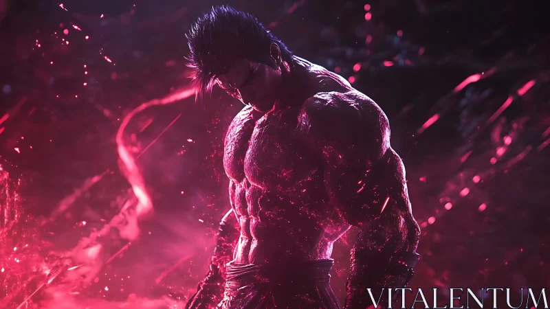 Brooding warrior wrapped in glowing crimson energy storm.