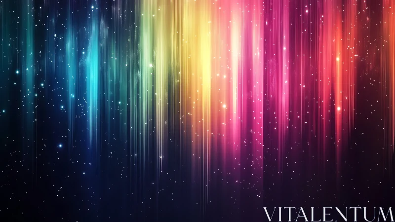 Vertical multicolored light streaks on dark starfield background.