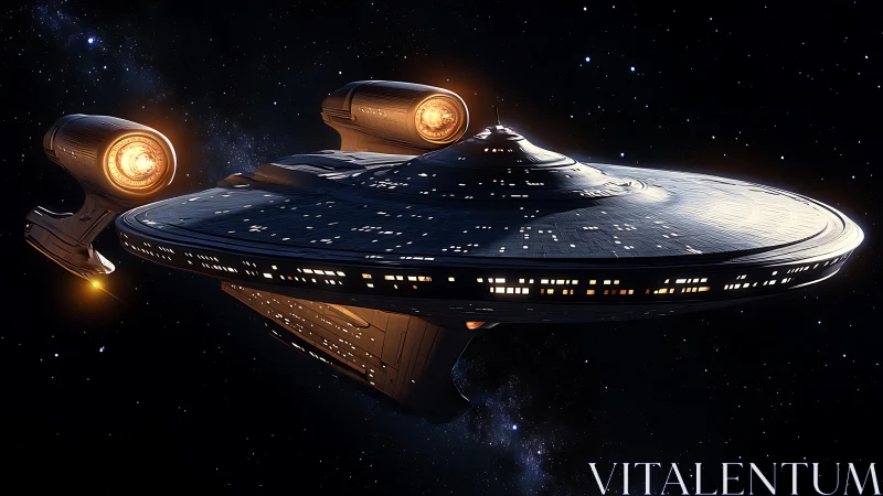 Starlit cruiser skims the void with glowing warp engines.