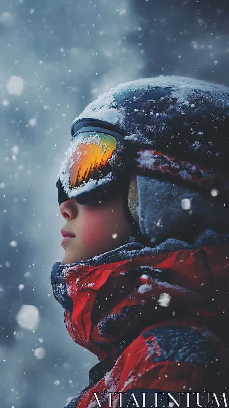 Snow-covered child gazes into glowing winter horizon