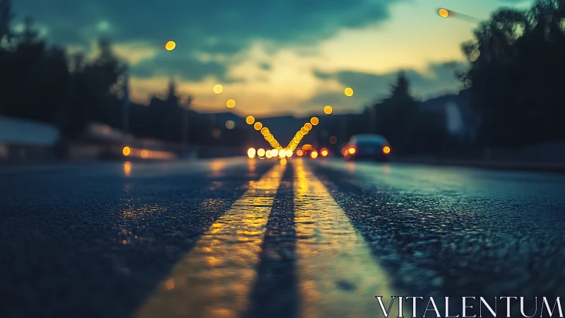Rain kissed road at dusk with dreamy glowing headlights.