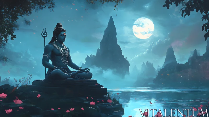 Moonlit Shiva meditation by misty river in blue tonal palette