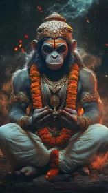 Photorealistic meditative simian deity in ornate Hindu regalia