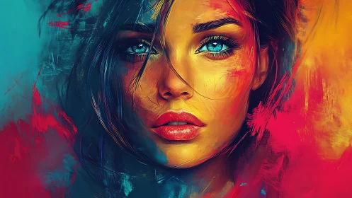 Vivid digital portrait with intense blue eyes and neon hues.