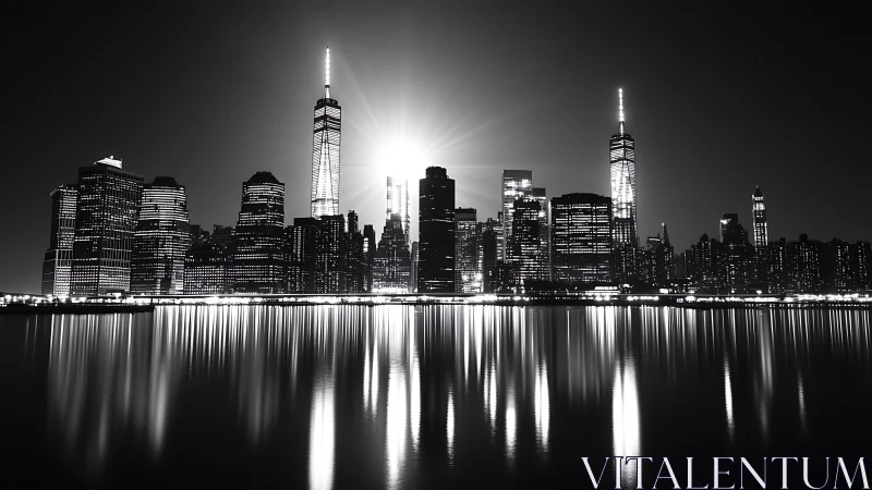 Monochrome city skyline reflects symmetrically on calm water