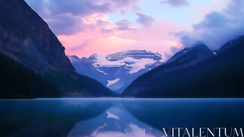 Glacial alpine lake reflects dusk-lit mountains in soft focus
