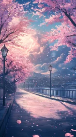 Cherry blossom riverside path glows in tranquil evening light.