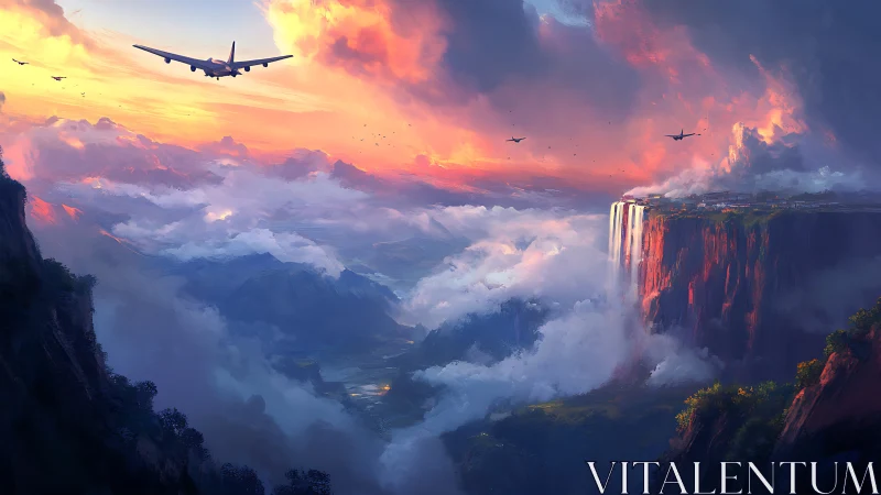 Airplanes glide above glowing cliffs and endless sunset clouds