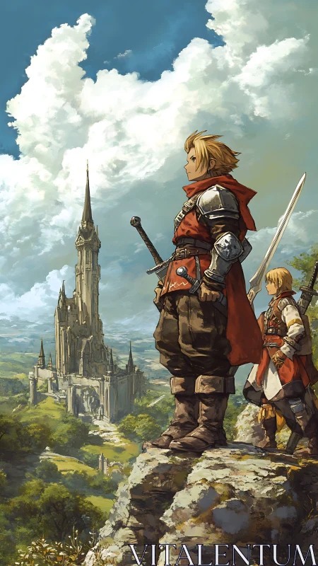 Armored warriors overlook sunlit gothic citadel landscape.