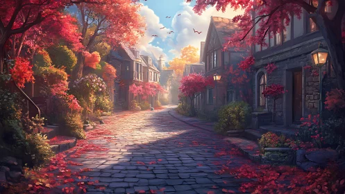 Autumn-kissed cobblestone lane glows with storybook hush.