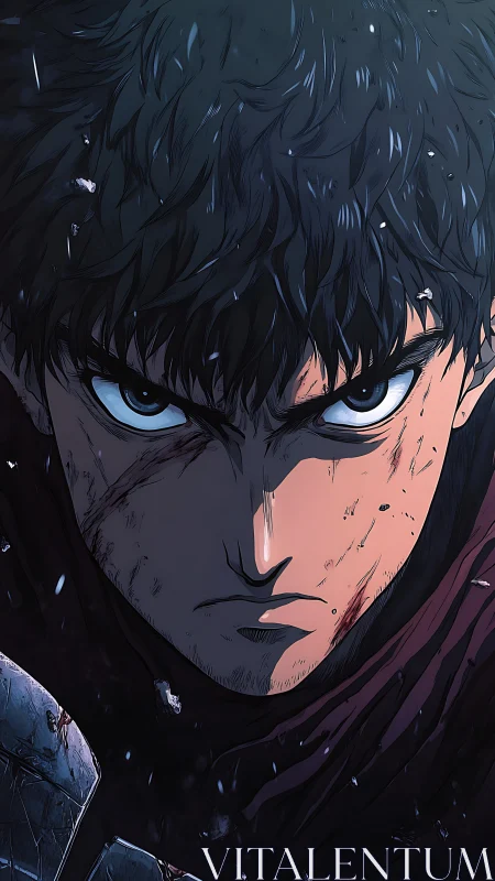 Battle-hardened warrior glare under storm-lit shadows.