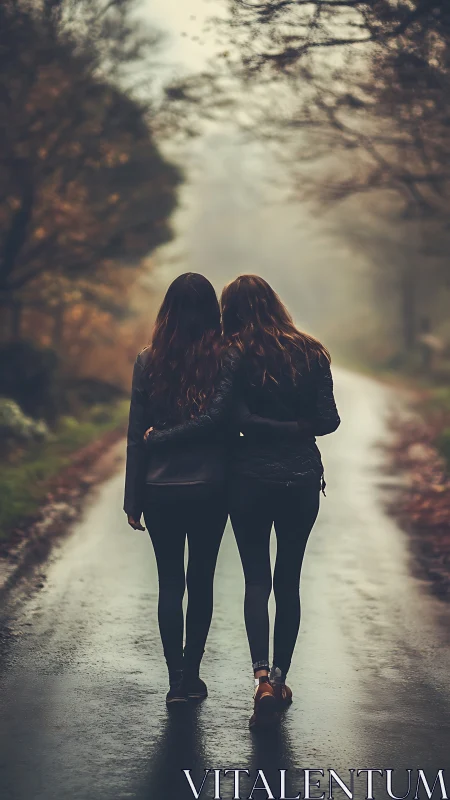 Two women walking together down a misty tree-lined path.