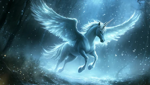Moonlit winged unicorn shatters silence in a spectral forest