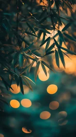 Backlit bamboo leaves silhouette against teal and amber bokeh