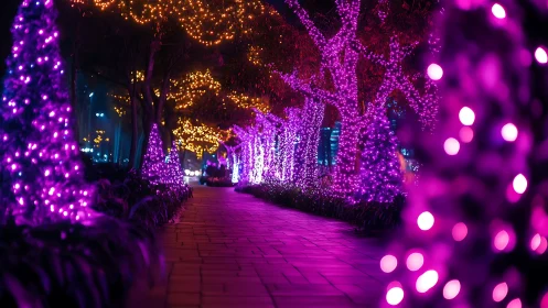 Neon walkway glows with purple fairy lights under night sky
