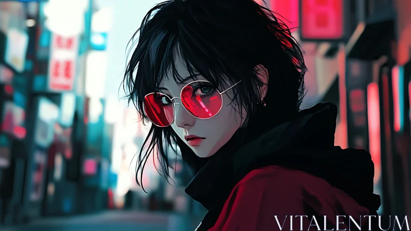 Neon-lit girl in red sunglasses walks through blurred city night.