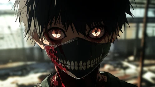 Anime horror portrait with masked ghoul and cinematic lighting.
