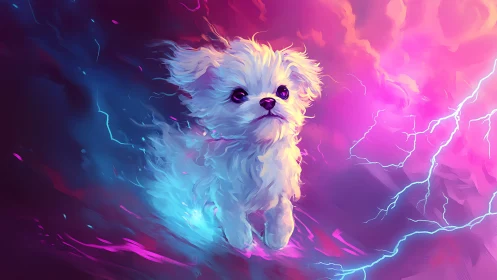 Small white dog in neon storm-like digital environment.