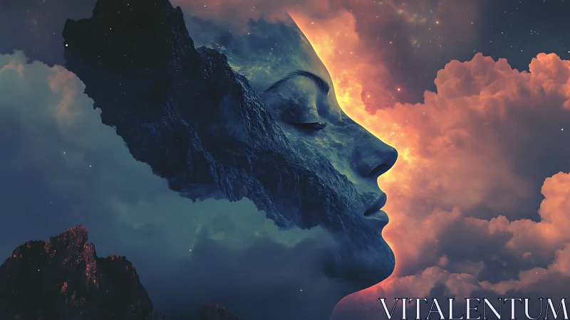 Geological female profile fused with nebular cloudscape horizon.