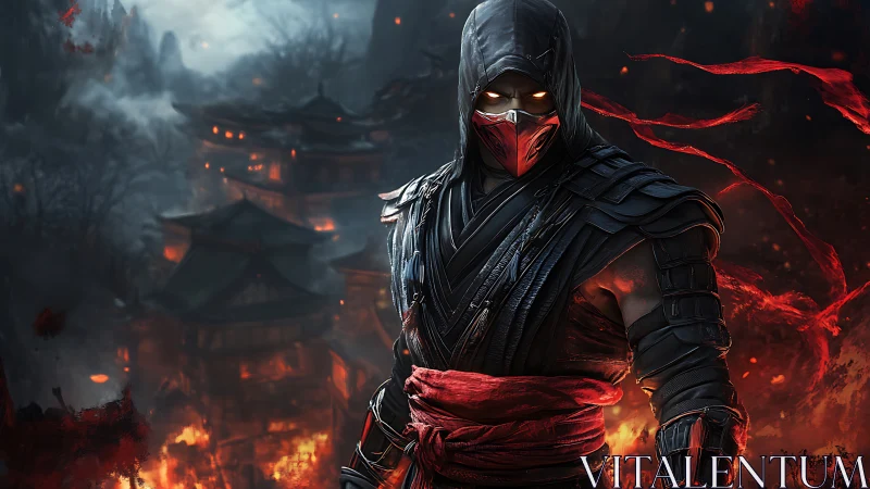 Fierce masked warrior stands amid flames and swirling embers