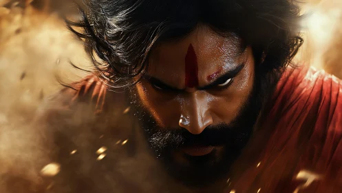 Warrior closeup with intense gaze framed by swirling dust