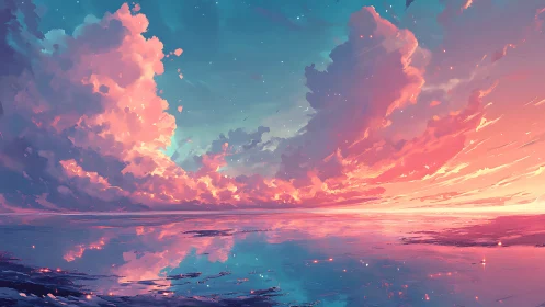 Expansive cloud formation over reflective coastal water.