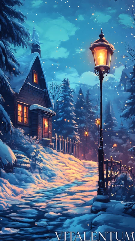 Snow-covered cottage path under warm lamplight glow at dusk.