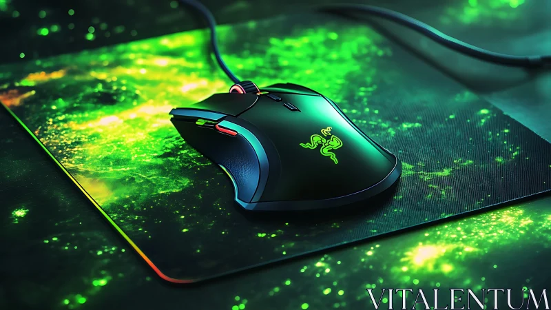 Gaming Mouse Illuminated on Luminous Pad with Neon Glow Effects.