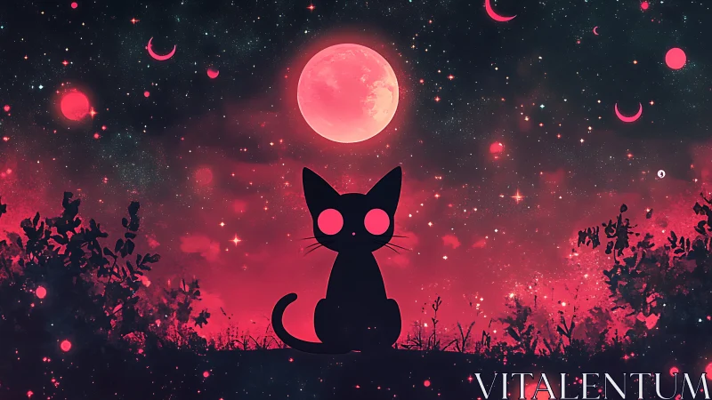 Celestial black cat under neon crimson lunar sky