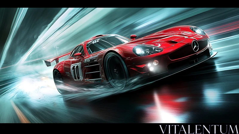 Red Mercedes race car slices through wet tunnel at speed