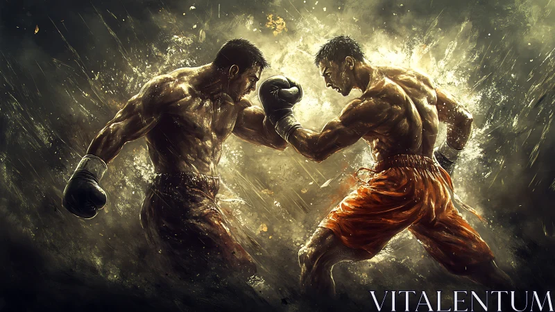 Two Boxers in Combat Fight Dramatic Golden Light.
