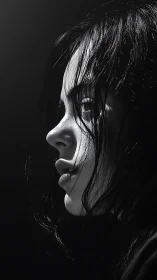 Monochrome female profile under dramatic rim lighting.