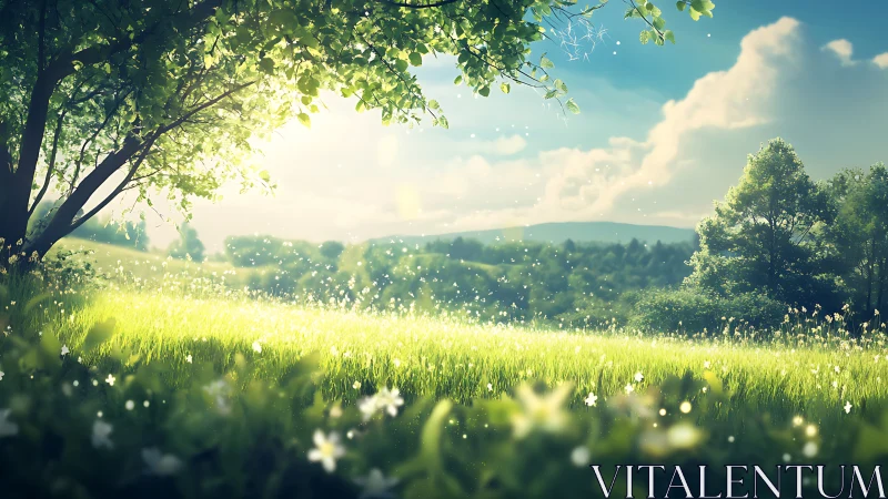 Sunlit meadow glows beneath lush trees and drifting pollen.