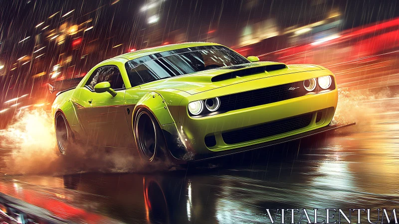 Lime green muscle car drifting in rainy neon urban street scene