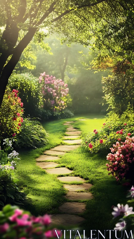 Radiant stone path through botanically dense garden corridor.
