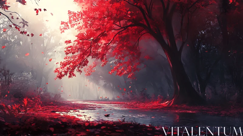 Crimson Autumn Landscape: Ethereal Forest Waterway Bathed in Red Light