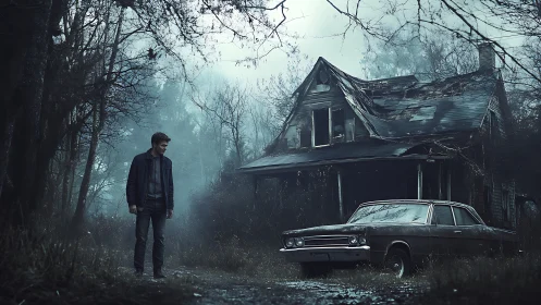 Foggy roadside farmhouse with lone man and old sedan.