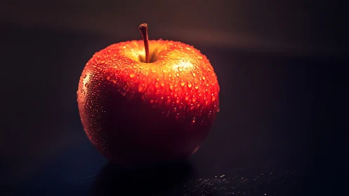 Red apple with water droplets under low key lighting.
