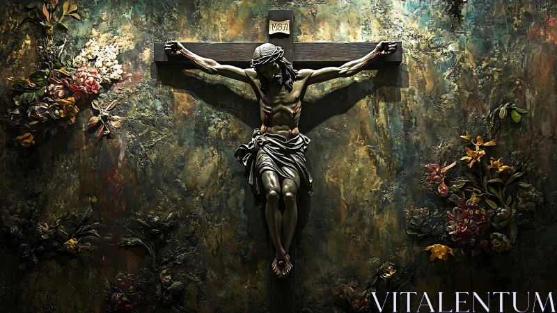 Photorealistic crucifixion relief with florid textured backdrop.