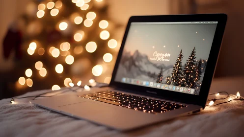 Cozy laptop glows softly amid warm holiday lights at night