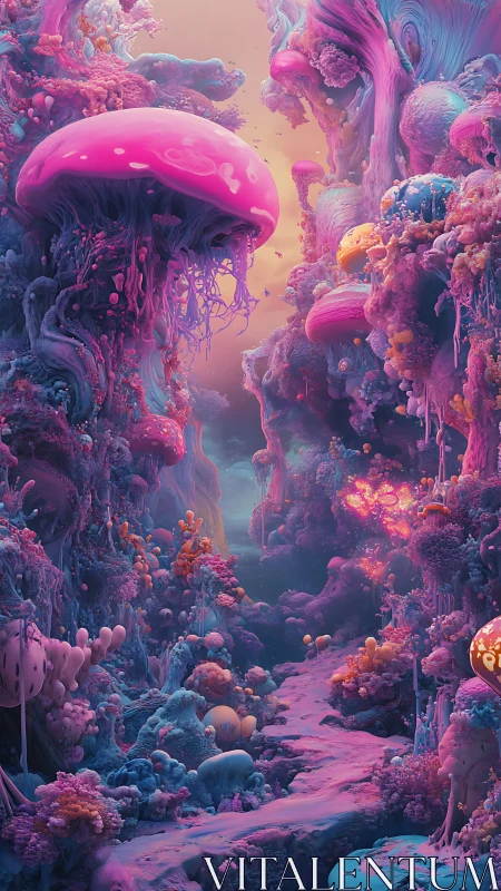 Neon jellyfish canyon in dense bioluminescent fantasy reef