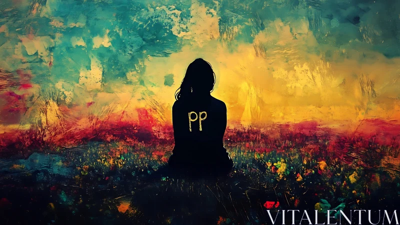 Silhouetted dreamer resting in a glowing painted meadow.